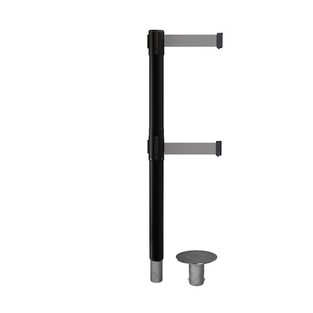 Stanchion Dual Belt Bar.Removable Base Black Post 11ft.Lt Gry Belt